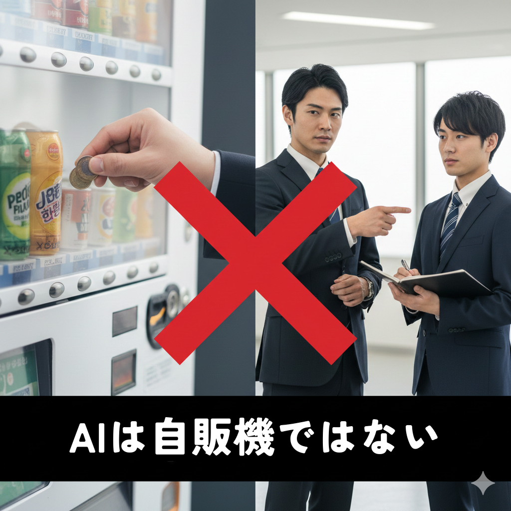 AIは自動販売機ではなく新人社員である、という概念を示す比較画像